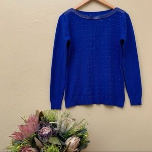 Royal Blue Cashmere Sweater with Gold-Colored Beads and Neckline
